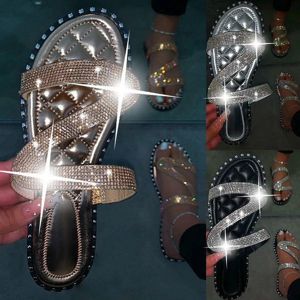 

new bright diamonds women's platform slippers summer sandals flip flop outdoor fashion rhinestones buckle lazy slippers 2020, Black