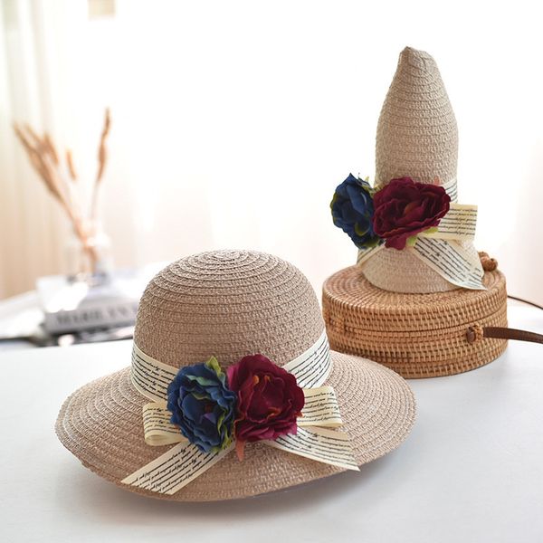 

women's summer straw hat folding visor cool hat seaside beach bow breathable casual solid wide pleat foldable flowers 5.14, Blue;gray