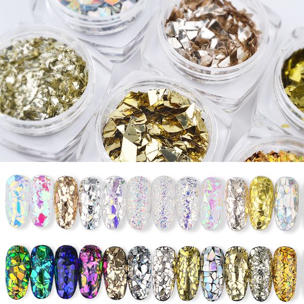 

6 bottle/set holographic nail glitter sequins set 3d irregular broken glass nails art foils flakes aurora colorful manicure decorations, Silver;gold