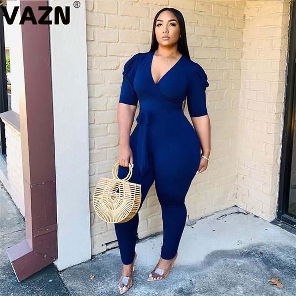 

vazn special design 2020 spring lady deep blue pink solid skinny jumpauit short sleeve v-neck sashes jumpsuit chic jumpsuit, Black;white