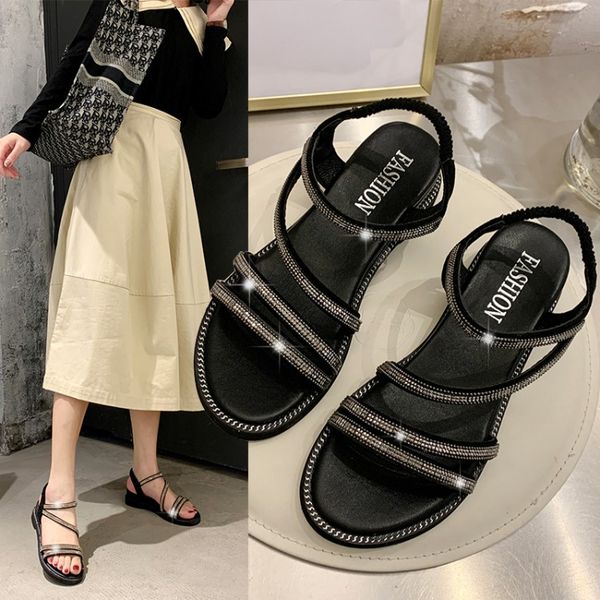 

casual fashion trend net red goddess flat sandals crystal elastic band platform beach sandals, Black