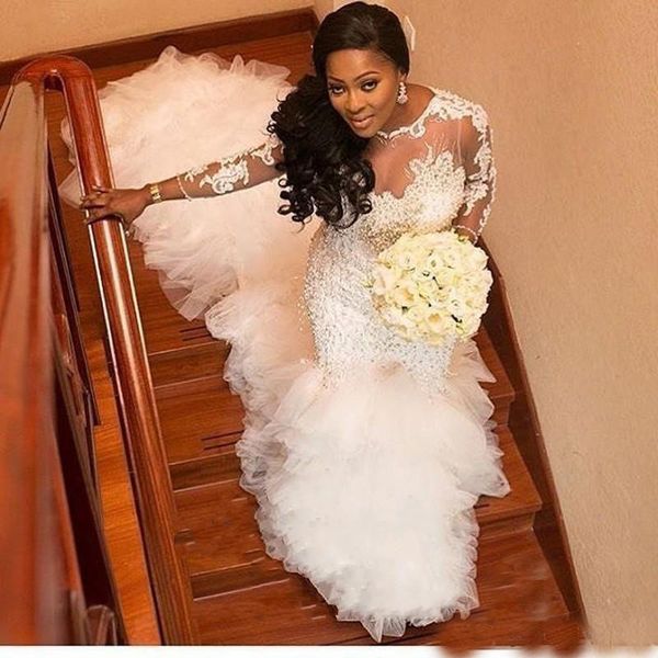 

2019 new long sleeve plus size mermaid wedding dresses crystal bridal gowns 2019 vintage wedding gowns south africa, White