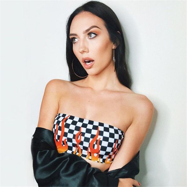 

2019 women tube strapless lady crop shirt flame black white plaid sleeveless printed wrapped chest tank, White;black