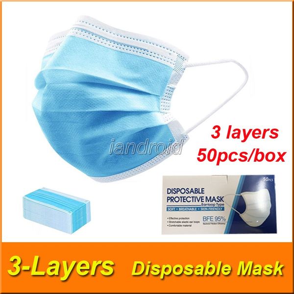 

50pcs disposable thick 3 layers face masks with earloop dustproof mask facial protective cover nonwoven fabric layer outdoor fast shipping