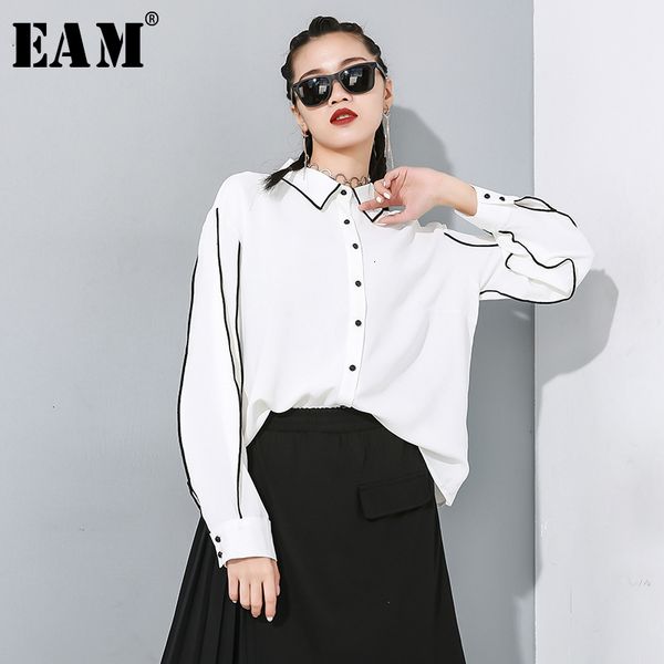 

eam] women white split joint ruffles blouse new lapel long lantern sleeve loose fit shirt fashion tide spring autumn 2020 1n205