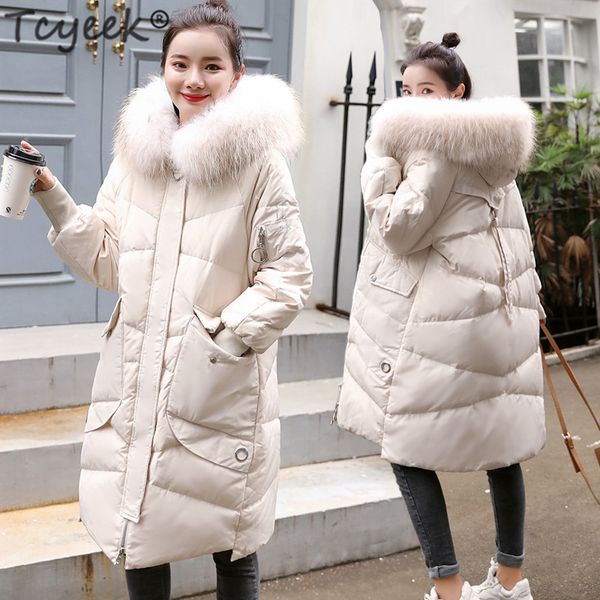 

tcyeek winter jacket women 90% white duck down coat female real fur hooded parkas down jacket loose snow outwear coats lwl1159, Black