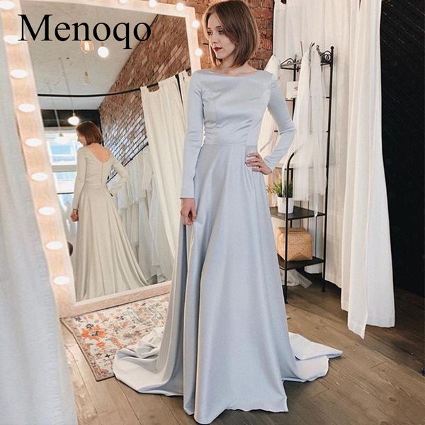 

menoqo simple silver a line evening dresses long sleeves long train 2019 formal evening party gowns p9jy24, White;black