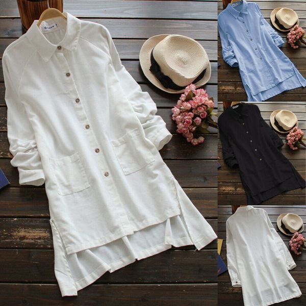 

2019 new style solid irregular with pocket plus size women summer baggy tunic shirt long sleeve, White