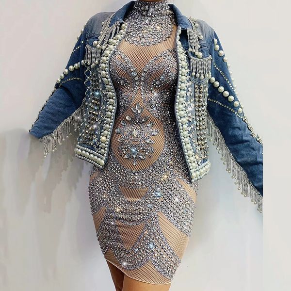 

stage wear rhinestones dress pearls rivet denim jacket women singer dancer celebrity dresses bar birthday outfit evening prom dj1931, Black;red