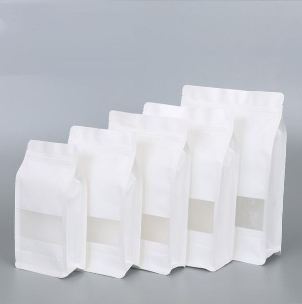 Octogonal Bag Thicken Stand Up White Paper Kraft sacos zip para o café Nuts Snack Tea Packaging bolsas de armazenamento com Janela fosco