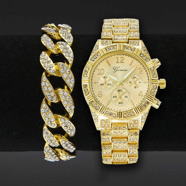 

men watch fashion bling cz gold watches quartz clock three eyes round watches 8inch cuban chain bracelet, Silver