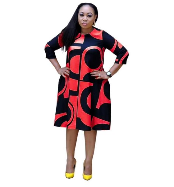 

2019 новая мода африканский принт эластичный базен рок стиль дашики полный рукав известные средние платья, Red
