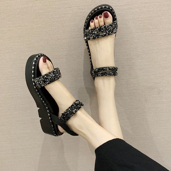 

flat sandal shoe muffins shoe 2020 summer sale of women's shoes anti-skid wedge all-match beige heeled sandals strappy, Black