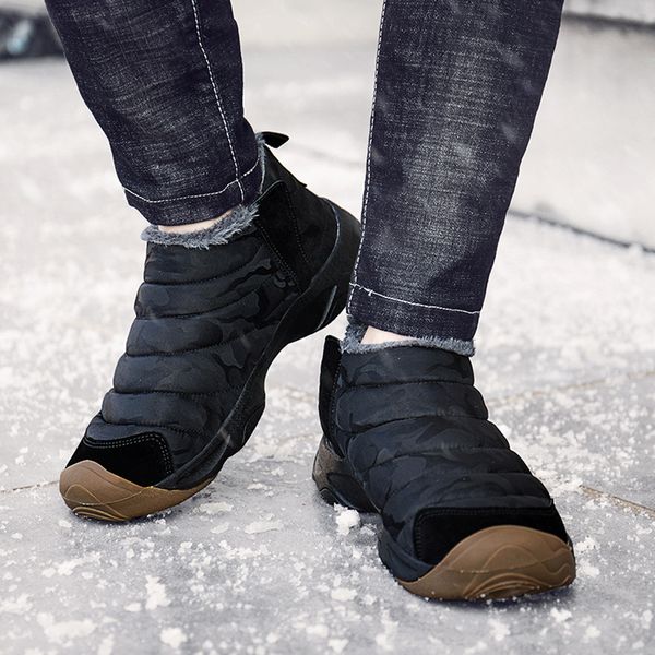 

winter man snow boots quality nylon waterproof short boots men warm plush flats boot shoe male winter outdoor non slip snowboots, Black