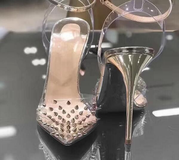 

designers party red bottom high heels pvc leather woman pumps crystal woman high heels pointed toe rivet wedding shoes full original, Black