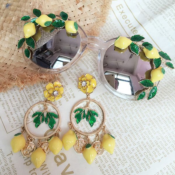 

2020 new fashion baroque women girls lemon sunglasses retro decor metal leaf sunglasses summer beach glasses, White;black