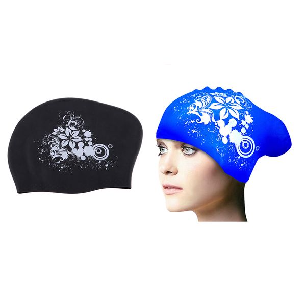 

2 pieces elastic silicone swim caps swimming pool hats - black & dark blue