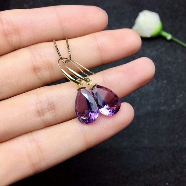 

meibapj]natural amethyst gemstone water drop earrings necklace set real 18k pure gold purple stone fine charm jewelry for women, Black