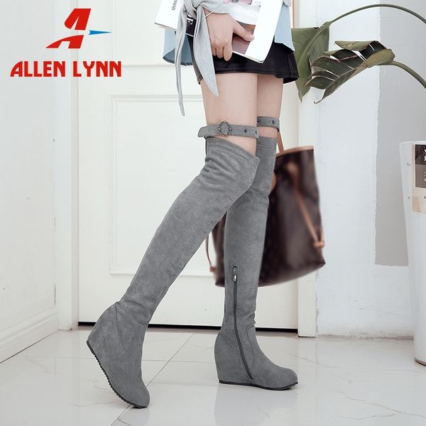 

allen new lady 2020 increasing height zipper woman shoes casual thigh high boots women buckle belt over the knee boots, Black