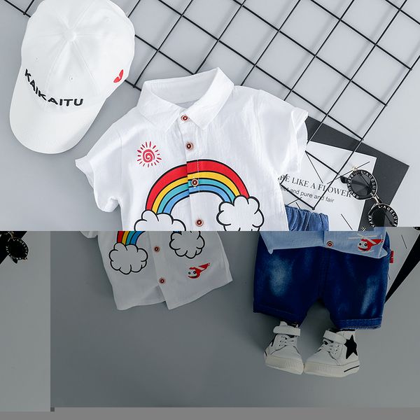 

zjzy01 short sleeve children's shirt suit cute rainbow denim suit for boys and girls, White