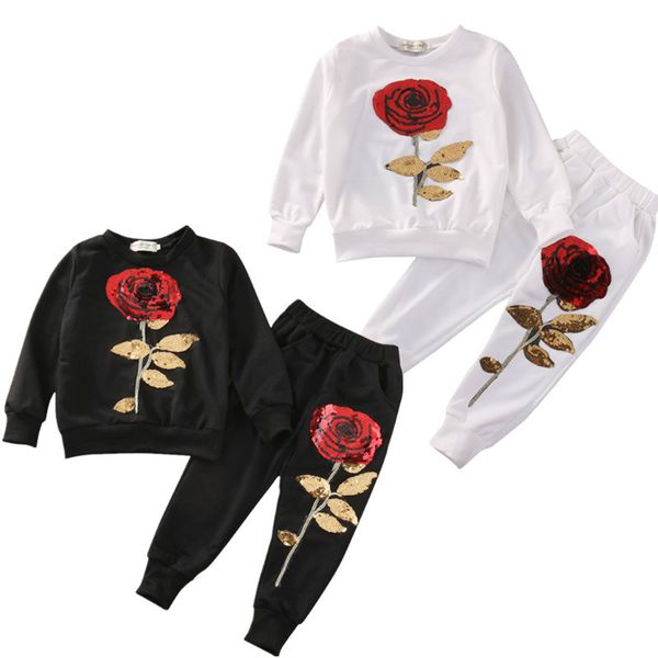 

2018 new toddler infant kids 2pcs girls sequins rose outfits clothes t shirt+long pants set tracksuit casual set 2-7y, White