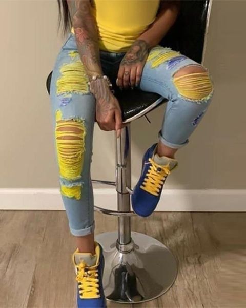 

women's jeans 2021 fashion women summer elegant denim colorblock ripped cutout casual pants lady plus size oversize, Blue