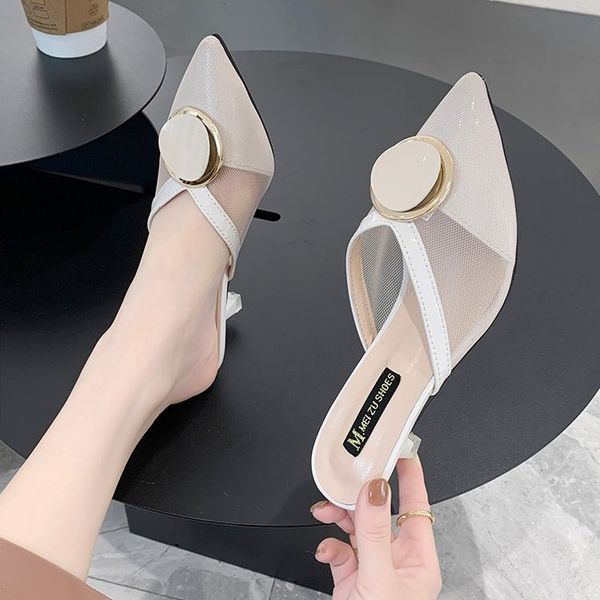 

shoes women thin heels womens slippers outdoor female mule pointed toe pantofle med slides loafers soft mules 2020 cover, Black
