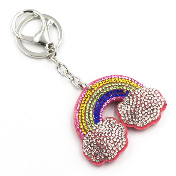 

cute rainbow keychain full rhinestone crystal keyring car key chain women key holder ring bague wholesale jewelry gifts, Silver