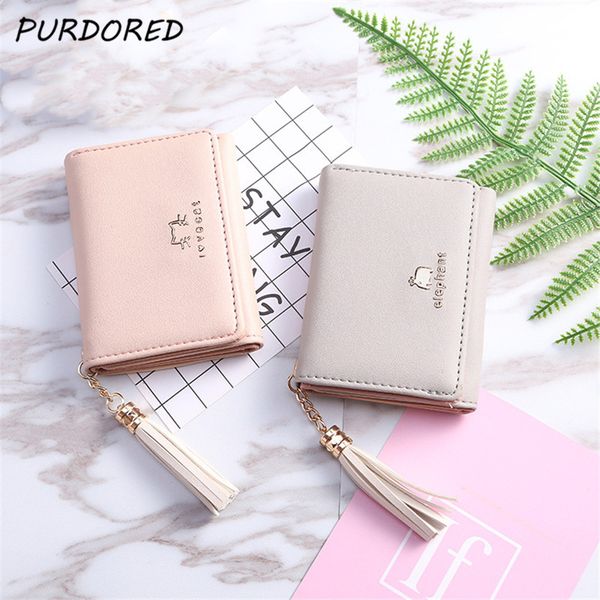 

purdored 1 pc cute women wallet leather card holder mini short tassel small wallet coin purse female ladies card case tarjetero, Red;black