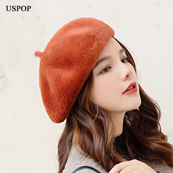 

uspop new 2019 women berets winter hats caps fashion solid color mink velvet berets, Blue;gray