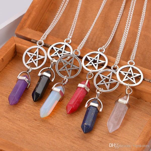 

hexagonal column necklace natural crystal agate amethyst stone pendant necklace five-pointed star pendant necklace for women jewelry, Silver