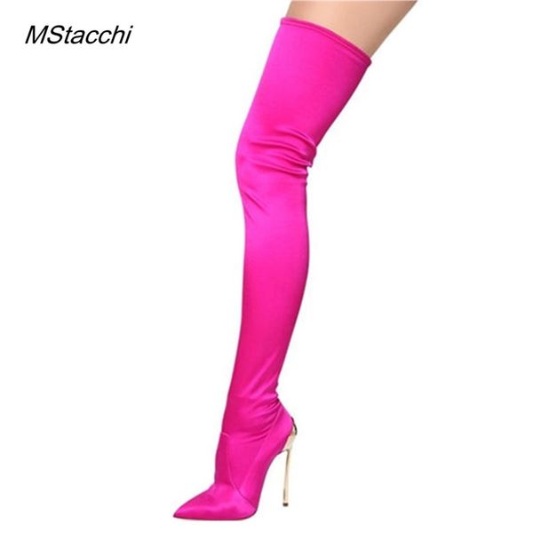 

mstacchi design women fashion pointed toe elastic metal stiletto heel over knee boots thigh long high heel boots party shoe t200425, Black
