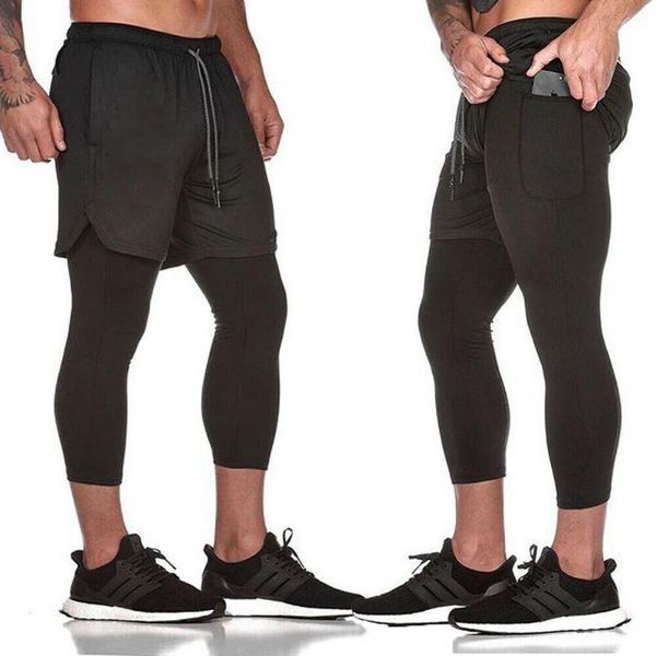 

men summer trainning exercise shorts tracksuit sport gym skinny jogging joggers sweat breathable fake two pieces pants trousers, White;black