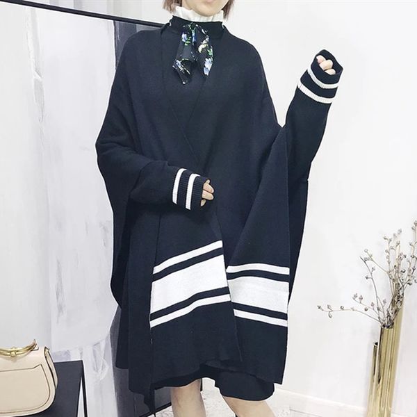 

autumn and winter women knitted striped sweater shawl style long sleeve loose knit top, White