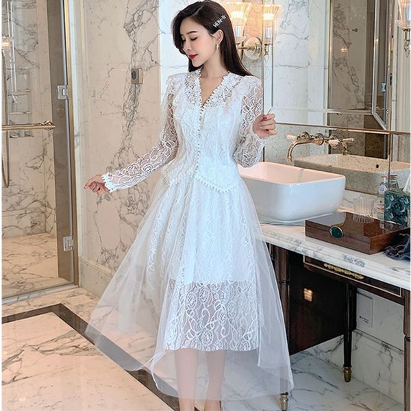 

2020 hollowing out embroidered lace & elastic waist midi skirt 2 piece set vintage elegant vestidos office female set, White