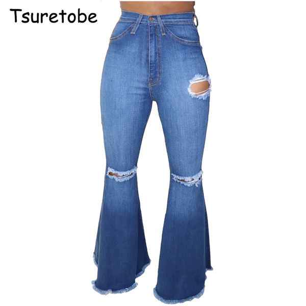 

tsuretobe fashion hole ripped denim flare pants wide leg women vintage bell-bottoms jeans casual boot-cut pant female trousers, Blue