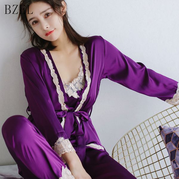 

bzel women pajamas long sleeve sleepwear lace nightwear v-neck sleep lounge silk satin underwear pijama feminino 3pcs/set, Blue;gray