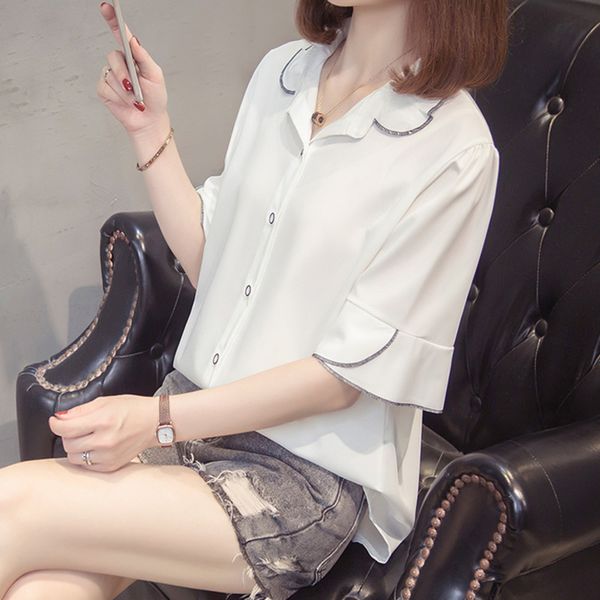 

women's blouses & shirts plus size chiffon korean blouse woman 2021 summer fashion short sleeve loose femme oversized camisas mujer, White