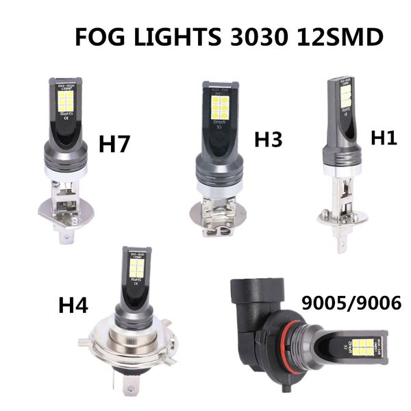 

laleyenda 2pcs противотуманные фары 3030 12smd led 9005 / hb3 9006 h11 h7 h3 h1 driving лампы 6000k 12v внешние огни автомобиль фара
