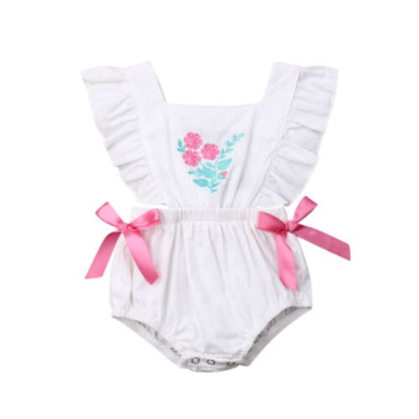 

newborn baby girls embroidered romper ruffles backless summer sunsuit outfit, Blue