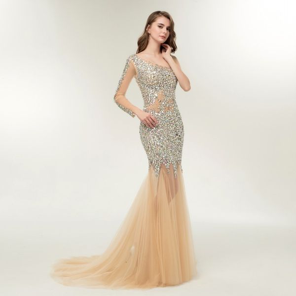 

new selling rhinestones one shoulder champagne long sleeve transparent mermaid tulle prom dress 2020 formal party evening gowns crystal, Black