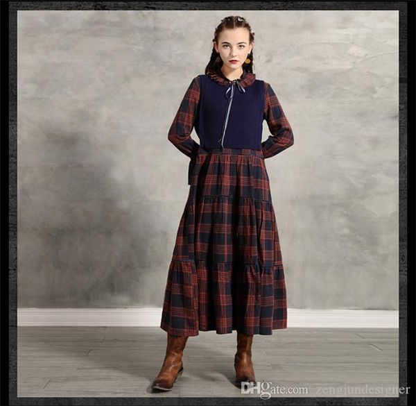 

womens winter designer retro dresses 2pcs plaid print autumn fashion style female clothing bow casual apparel, Black;gray