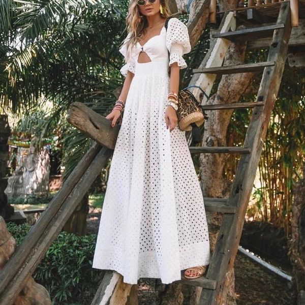 

elegant boho honeymoon white long maxi dress women puff sleeve zipper a-line long beach dress party bandeau cut vestidos 3xl, Blue;gray