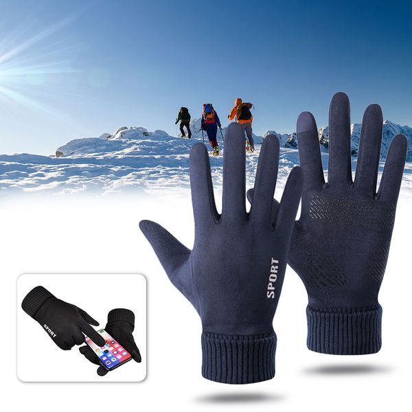 

winter men's windproof cuff gloves warm cycling mittens men suede thicken touch screen gloves snow ski driving sports, Black
