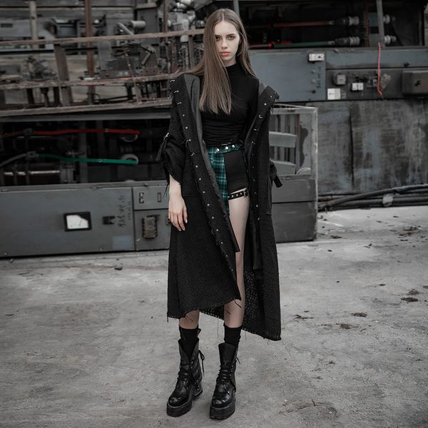 

punk rave women's dark burrs loose long coat with eyelet woolen long sleeve hooded cardigan jacket, Black