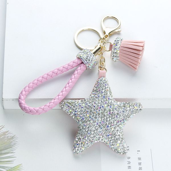 

10pieces/lot fashion rhinestone pentagram keychain crystal leather wrist rope tassel key chain car bag charm llaveros keyring women pendant, Silver