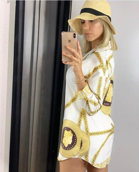 

women summer luxury designer tshirts dresses lapel neck long sleeve floral print female clothing fashion style casual apparel, White