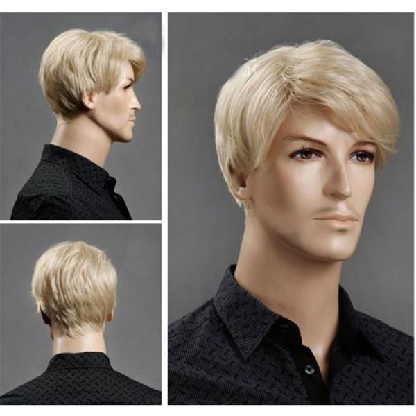 

fashion men's short gold hair with bangs wig high-temperature fiber chemical fiber fluffy hair wig headgear wigs, Black