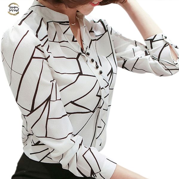 

blouse chiffon women shirt 2019 female clothing long sleeve blusas chiffon women's office blouses print striped dot lady ol top, White