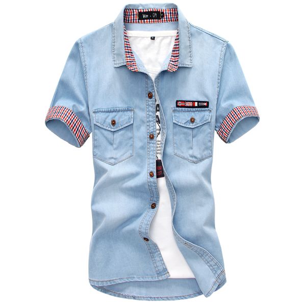 

men's light blue denim shirts men short sleeve summer jean shirts new men cotton slim casual denim size 3xl, White;black